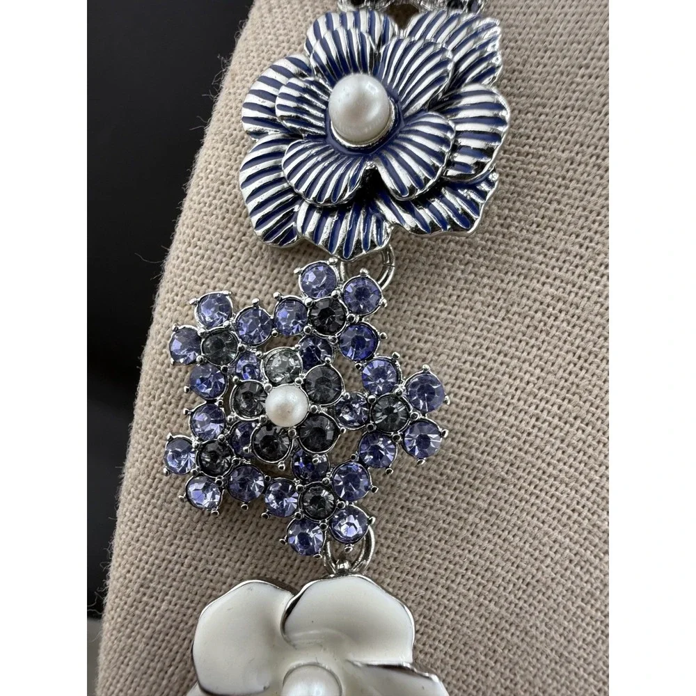 Talbots Necklace Blue White Rhinestone Flower Enamel Floral Charm 17